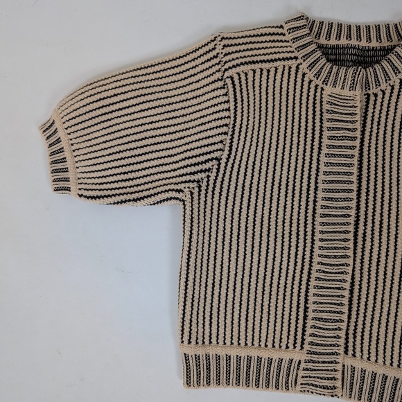 Knit Cardigan Short Sleeve Button Up Stripes Thick - Picture 4 of 11